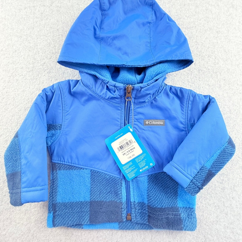 Columbia Steens Mountain Overlay Hoodie Blue Plaid Fleece Jacket 3-6 Months NWT